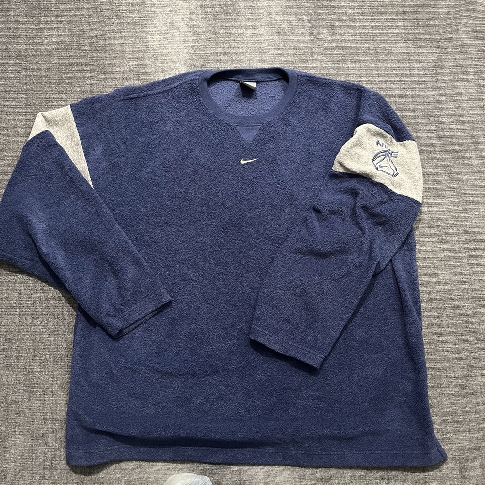 Vintage Y2K Nike Center Swoosh Fleece Crewneck Sweatshirt Blue Men Size XL Bball
